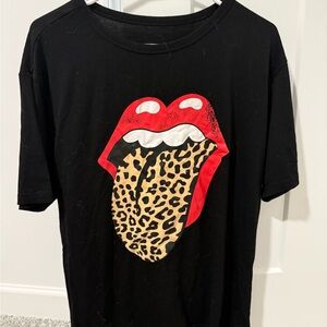 Black T-Shirt with Red Lips and Leopard Tongue